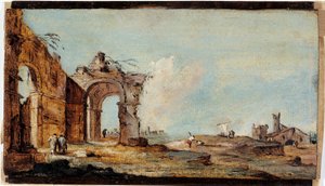 Caprice se zříceným obloukem a rybářskými domky od Francesco Guardi