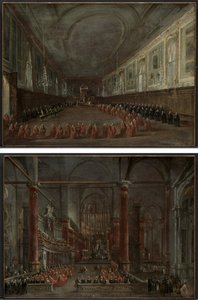 Papež Pius VI. sestupuje z trůnu, aby opustil dóžete v sále SS. Giovanni e Paolo, 1782 a papežský obřad v SS. Giovanni e Paolo, Benátky, 1782 (pár) od Francesco Guardi