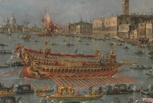 Festival Bucintoro v Benátkách. Bacino di S. Marco s Bucintoro, dóžecí státní člun, na Den Nanebevstoupení Páně (detail), 1780-93 od Francesco Guardi