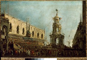 Benátský dóže se účastní oslav masopustního úterý na náměstí Piazzetta di San Marco (olej na plátně od Francesco Guardi