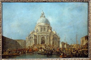 Benátský dóže jde do kostela Santa Maria della Salute 21. listopadu, v den památky konce moru v roce 1630. Pravděpodobně jde o dóže Alviso IV Mocenigo (1763-1778). Obraz Francesca Guardiho (1712-1793) 1775-1780 ne od Francesco Guardi