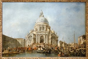 Benátský dóže jde na Salute of Venice, Každý rok 21. listopadu šel dóže do baziliky Santa Maria della Salute, vzdělaný jako díkůvzdání za konec moru v roce 1630, aby poděkoval Panně Marii za toto vysvobození, lodní most od Francesco Guardi