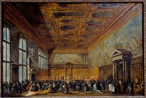 Audience udělená benátským dóžem (pravděpodobně Alvise IV Mocinego (1701-1778)) v College Hall v Dóžecím paláci v Benátkách Obraz Francesca Guardiho (1712-1793) 1766-1770 Ne. 0,67 x 1,01 m od Francesco Guardi
