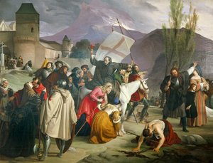Peter Hermit na bílém mezkovi s krucifixem v ruce a obíhá městy a vesnicemi a káže křížovou výpravu od Francesco Hayez