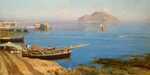 Marina s lodí a rybáři, Francesco Lojacono (1838-1915), olej na plátně, 61x118 cm od Francesco Lojacono