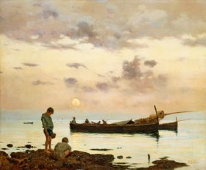 Marina s rybářskou lodí a chlapci, Francesco Lojacono (1838-1915), olej na plátně, 64x77 cm od Francesco Lojacono