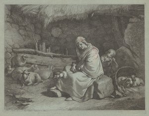 Interiér stáje se sedícím kolotočem a spícím dítětem od Francesco Londonio