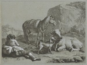 Ležící ovčák s koněm, krávou a psem Pastýřské scény (název série) od Francesco Londonio