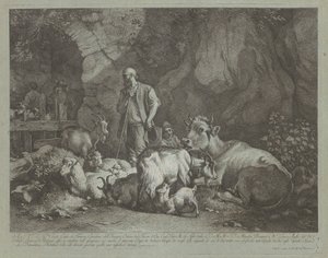 Starý, holohlavý ovčák, sedící ovčák a stádo, po roce 1766. od Francesco Londonio