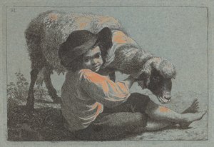 Sedící rolník drží ovci. od Francesco Londonio