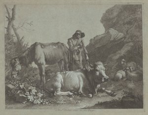 Pastýř odpočívající na vycházkové holi se starým koněm a ležícím býkem, po roce 1767. od Francesco Londonio