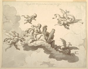 Kresba, návrh malovaného stropu: Vítězství mírnosti a síly, asi 1780.