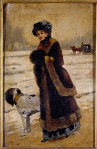 Mladá žena se psem Mladý buržoazní v kožichu a rukávu. Obraz Francisco Miralles Galup (1848-1901) Soukromá sbírka 19. století