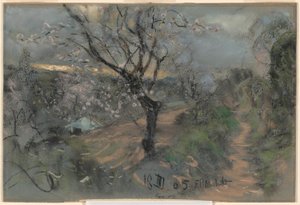 Hillside cesta s kvetoucími třešněmi pod zataženou oblohou od Francesco Paolo Michetti