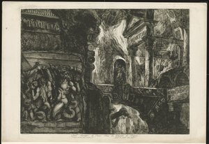 Titelprent vkládá tempel do bouwfragmenten Pompeia Tome Premier (název na objektu) Velký frontispis prvního svazku starožitností z Pompeie / Chrám vypálen podruhé / Válka obrů proti Jupiteru (název na předmětu) od Francesco Piranesi
