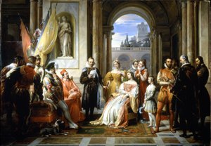 Torquato Tasso (Le Muche) čte své Jerusalem delivree (Osvobozený Jeruzalém) na dvoře ve Ferraře. Obraz Francesca Podestiho (1800-1895)