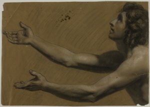 Mladý muž s nataženýma rukama hledí vzhůru (recto); žena držící zrcadlo (verso)