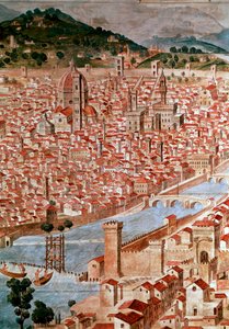 Pianta della Catena Detail mapy města Florencie nazývané „Catena“ kvůli rámu mapy ve tvaru řetězu. Realizoval Francesco di Lorenzo Rosselli (1448-1513) v roce 1490. Florencie, Museo Firenze com 