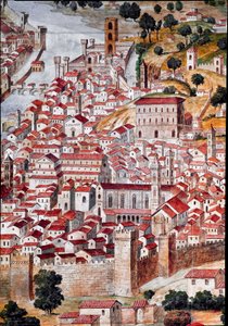 Pianta della Catena Detail mapy města Florencie nazývané „Catena“ kvůli rámu mapy ve tvaru řetězu. Realizoval Francesco di Lorenzo Rosselli (1448-1513) v roce 1490. Florencie, Museo Firenze com 