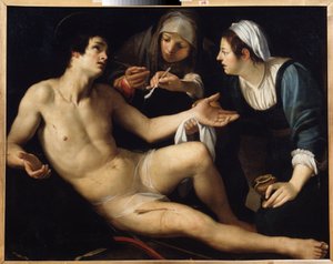Svatý Šebestián (Svatý Šebestián). Z jeho ran se o něj stará mladá vdova Saint Irene. Obraz Francesca Rusticiho ​​(asi 1575-1626). Olej na plátně, 119 x 148 cm. Umění ze Sieny, italský manýrismus. Státní muzeum umění, Jekatěrinburg.