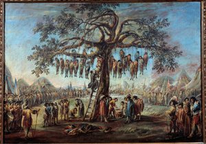 Oběšený strom Děsivá podívaná představující odsouzence jdoucí mučit zavěšením na větve stromu. Ilustrace inspirovaná rytinou ze série „Les miseres de la guerre““ od Jacquese Callota (1592-1635). Obraz od Francesca Simoniniho (