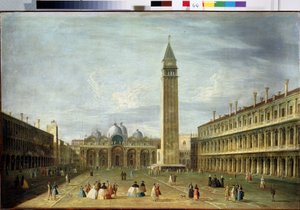 Náměstí svatého Marka (San Marco) (nebo Piazzetta) v Benátkách s bazilikou svatého Marka a Campanile. (Náměstí svatého Marka v Benátkách). Obraz Francesca Tironiho (1745-1797). Olej na plátně, 72 x 109 cm. Benátské umění 18. století. Státní muzeum Archa