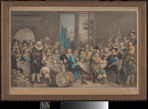 Střelecké jídlo v cíli Voetboog (St. Joris) v Amsterdamu, na oslavu uzavření míru z Munsteru, 18. června 1648 od Francesco Tozelli (signed by artist)