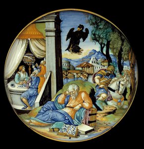 Nízký střih nohavic: Alegorie osudu. Fajáns. Výrobce Francesco Avelli Xanto (aktivní kolem 1530/1540)