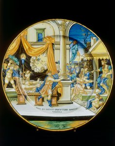 Pokušení Guiseppe Ebrea, deska Francesca Xanto Avelliho konzervovaná v Museo Nazionale del Bargello, Florencie