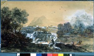 Krajina s vodopádem. Kresba Francesca Zuccarelliho (1702-1788). Akvarel a inkoust na papíře od Francesco Zuccarelli