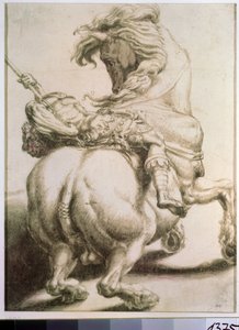 Jezdec probodnutý kopím. Kresba Francesca de Rossi (1510-1563). Grisaille na papíře, 20 x 15 cm