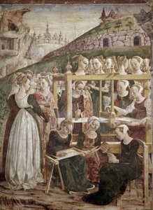 Alegorie pochodu, detail triumfu Minervy s tkaním žen) detail - freska od Francesca del Cossa (cca 1436-vers 1478) Ferrara (Ferrara) Palazzo Schifanoia, Salone dei Mesi od Francesco del Cossa