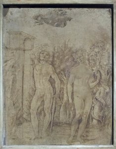 Adam a Eva, asi 1470 (pero a tuš na pergamenu)