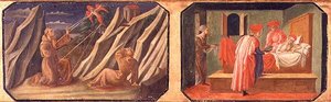 (LtoR) Sv. František z Assisi přijímající stigmata, SS. Kosmas a Damian uzdravení nemocného muže; kopie originálních panelů tvořících součást Predella k Madoně s dítětem na trůnu od Filippa Lippa od Francesco di Stefano Pesellino