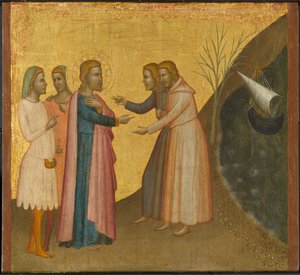 Acteus a Eugenius prosí svatého Jana Evangelisty, aby obnovil své bohatství, kolem 1370-1380 (tempera a plátkové zlato na panelu)
