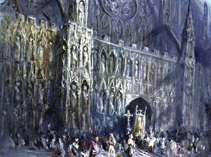 Západní průčelí katedrály v Exeteru s náboženským průvodem v popředí