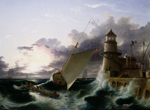 Loď u majáku, bouře se spouští (olej na plátně) od Francis Danby