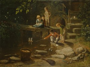 Chlapec plující na malé lodi (olej na panelu) od Francis Danby