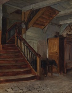 Interiér pokoje s točitým schodištěm, konec 19.-začátek 20. století.
