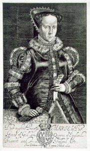 Portrét Marie I. (1516-58) držící prosbu Thomase Hongara, rytý umělcem, hospoda. od Comptona Hollanda (rytina)