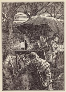 Ilustrace k románu Cvrček na krbu od Charlese Dickense (barevná litografie) od Francis Donkin Bedford