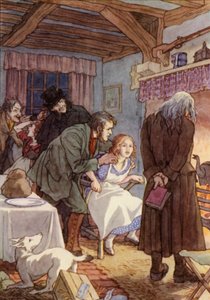 Ilustrace k románu Cvrček na krbu od Charlese Dickense (barevná litografie)