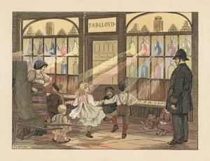 Viktoriánské děti tančí před lékárnou a policista je pozoruje. Chromolitografie podle ilustrace Francise Donkina Bedforda z knihy Edwarda Verralla Lucase The Book of Shops. od Francis Donkin Bedford