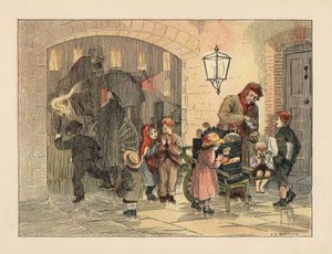 Viktoriánské děti jedí horké brambory od muže s horkými bramborami. V zázemí nastupují lidé s deštníky do kočáru v dešti. Chromolitografie podle ilustrace Francise Donkina Bedforda z knihy Edwarda Verralla Lucase The Book of Shops.