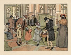 Viktoriánská rodina v bance vybírá u pokladníka peníze pomocí bankovních lístků. Chromolitografie podle ilustrace Francise Donkina Bedforda z knihy Edwarda Verralla Lucase The Book of Shops. od Francis Donkin Bedford