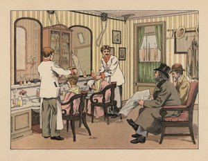 Viktoriánští pánové si v holičství nechávají mýt vlasy šamponem a upravovat je strojkem. Chromolitografie podle ilustrace Francise Donkina Bedforda z knihy Edwarda Verralla Lucase The Book of Shops. od Francis Donkin Bedford