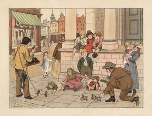 Viktoriánští obchodníci s obrubníky prodávají dětem na londýnské ulici hračky za drobné. Chromolitografie podle ilustrace Francise Donkina Bedforda z knihy Edwarda Verralla Lucase The Book of Shops.