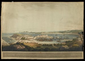 Jižní pohled na Corunnu z výšin u kláštera sv. Markéty, ryl H. Merke, vydáno 1809 (barevná akvatinta) od Francis Lee