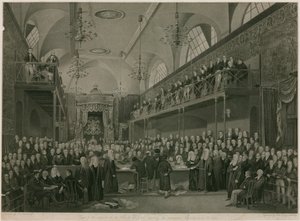 Interiér Sněmovny lordů, Westminster, Londýn, během důležitého vyšetřování v roce 1820