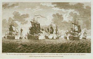 Dvanáct tisků námořních zásnub. Slavná bitva u mysu Francois 21. října 1757 mezi Angličany a sedmi francouzskými válečnými loděmi, při níž byli Angličané zcela poraženi. (lept) od Francis Swaine
